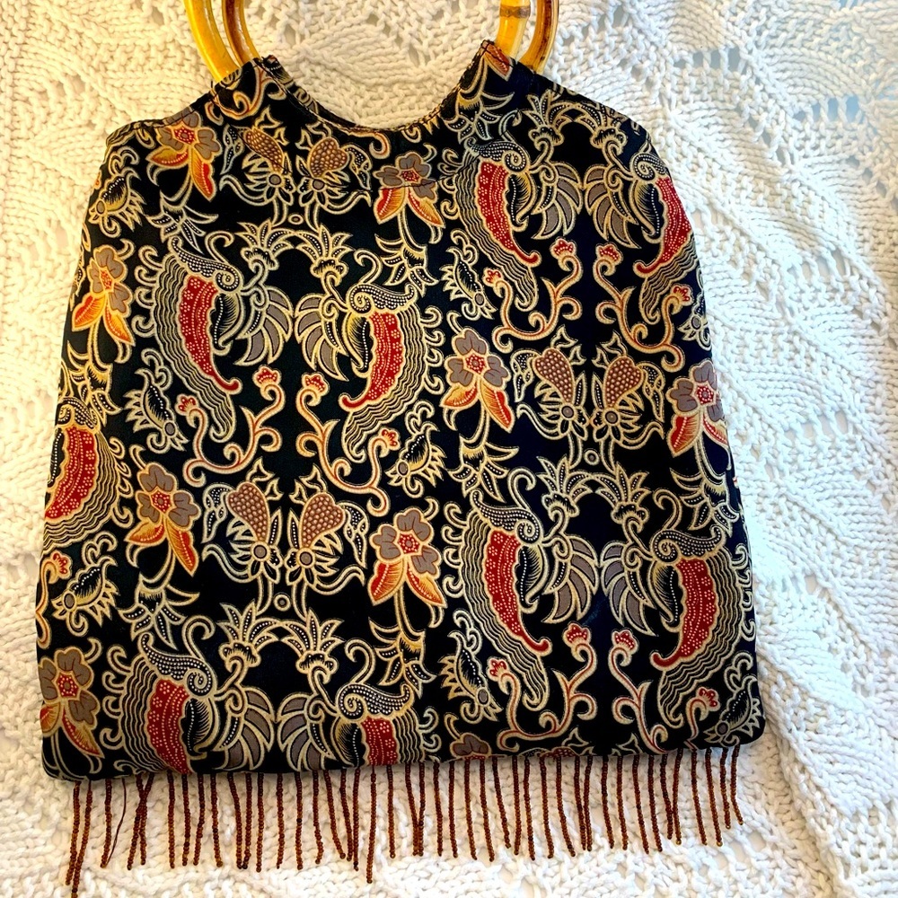 St.John’s Bay Boho Style Bamboo Handle Handbag Dark Floral Print